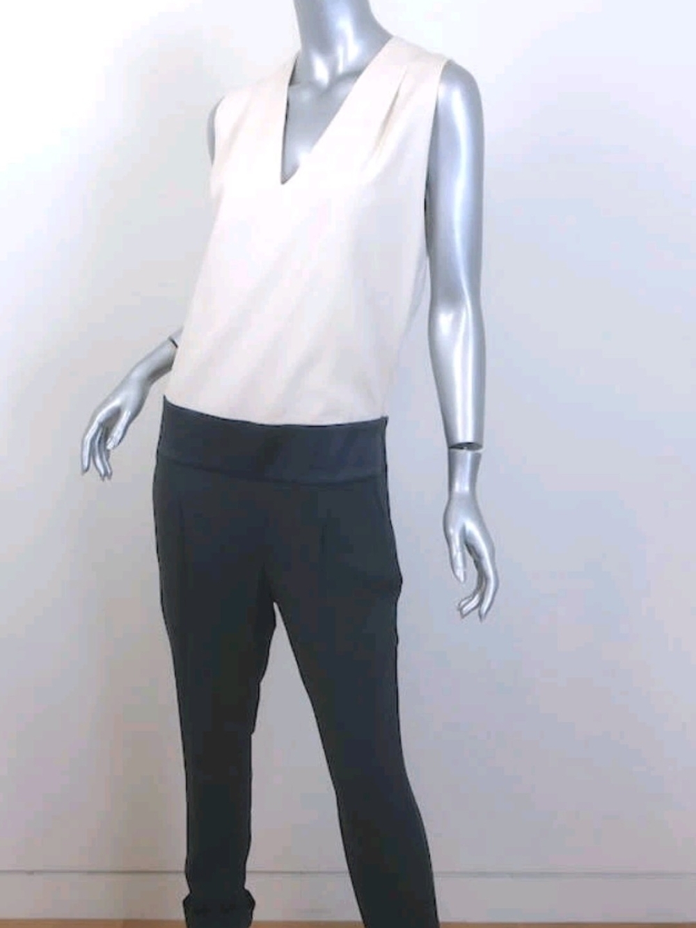 Brunello Cucinelli Cream V-Neck Top with Black Skinny Jumpsuit Pant